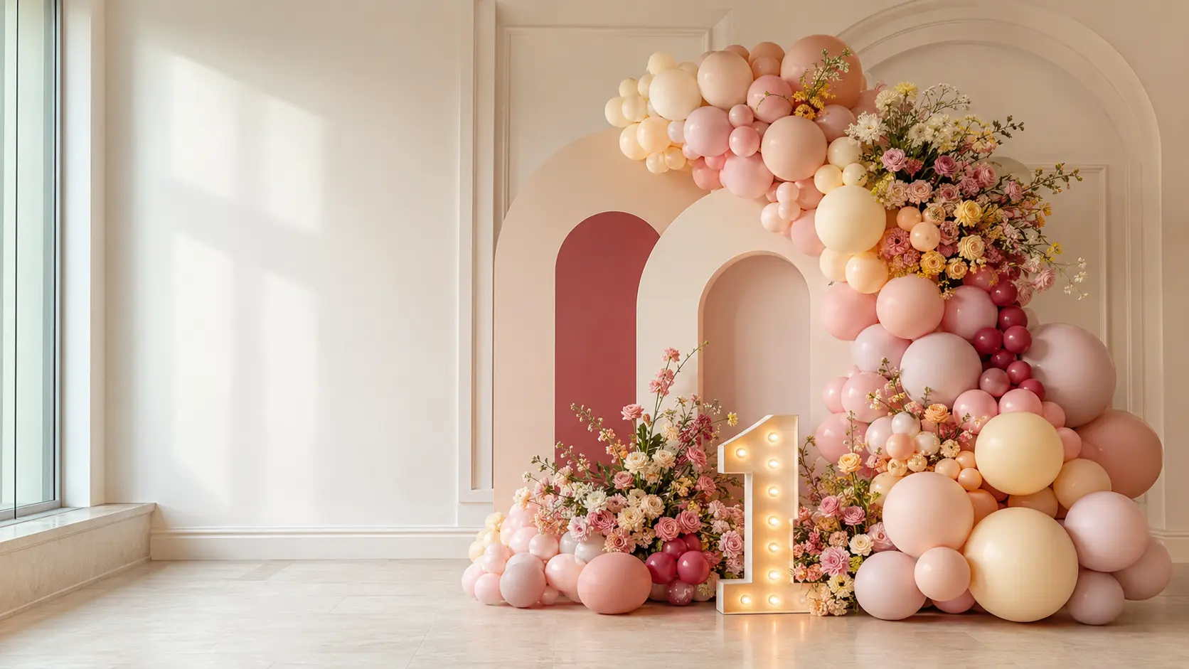 Elegant balloon installation with layered event backdrops and florals